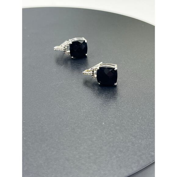 Vintage 10K White Gold Oval Prong Cushion Black Onyx Diamond Dangle Earrings - Picture 9 of 11